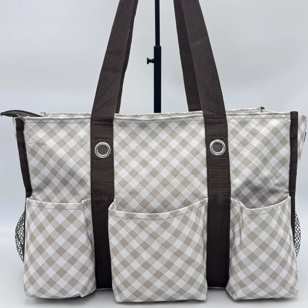 Thirty One 31 Zip Top Organizing Tote 7 Pocket Medium Taupe Brown Gingham Bag